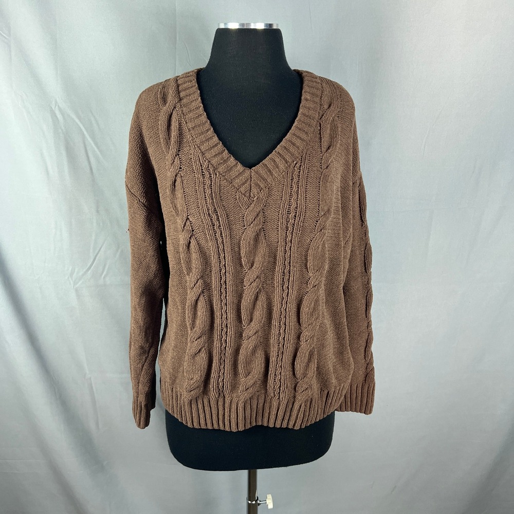 Hazel Moon Pullover Sweater Women Large Brown Cable Knit Ribbed Trim V Neck Cozy
